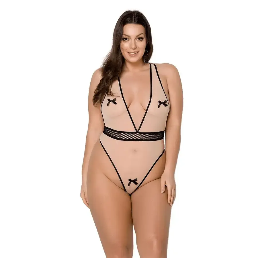 Боді Passion VIENA BODY 6XL/7XL, beige, контрастне, бантики, вставка-сітка, відкриті сідниці Львів - фото 1