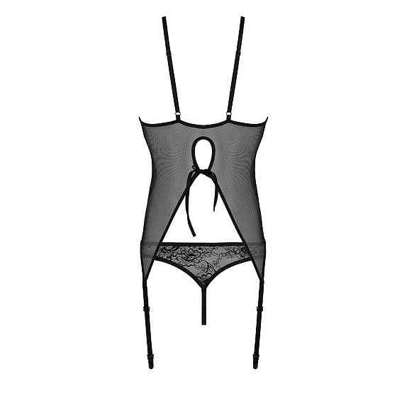 Корсет із пажами, трусики з ажурним декором та відкритим кроком Passion URSULA CORSET S/M, black Sex Aura Київ