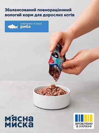 Вологий корм для дорослих котів М'ясна миска шматочки в соусі з рибою, 100 г Вінниця