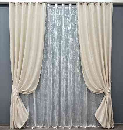 Комплект штор VR-Textil Жакард Мармур 100х270 2шт і Тюль 400х270 1763ш-1400т Молочний з білим 71-021/2 Київ