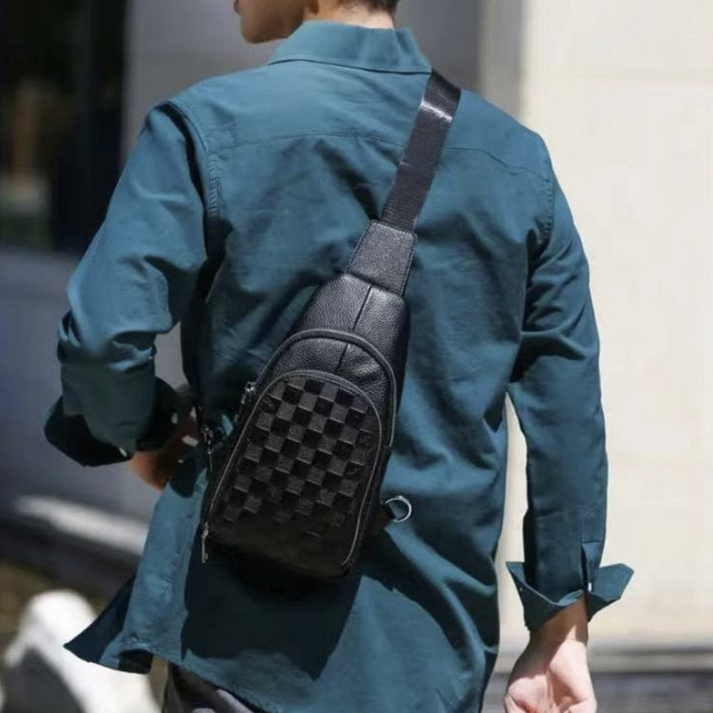 Мужской рюкзак на одно плечо 18х31х6, кожаный слинг, черный Киев - изображение 9