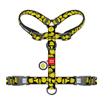 Шлей для собак WAUDOG Nylon анатомическая H-образная с QR-паспортом "Смайлики на черном" пластиковый фастекс, XL (346-0181) Винница