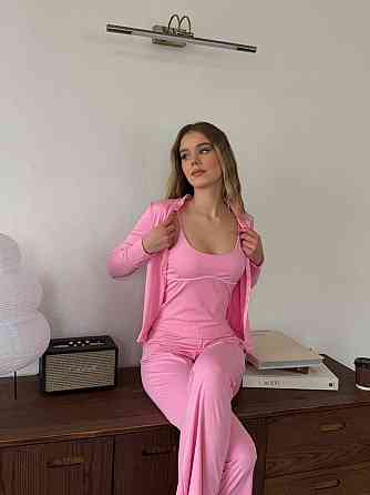 Жіночий повсякденний костюм-трійка: кофта топ і штани з мікродайвінгу Рожевий, 42/46 Одеса