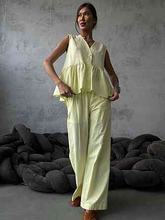 Женский стильный повседневный костюм из натуральной ткани-коттона. Лимонный, 42/44 Одесса