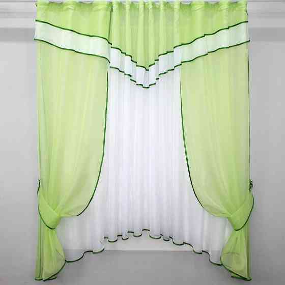 Кухонний комплект VR-Textil № 058к шторки і тюль з ламбрекеном салатовий з білим 270х170 см (50-497) Київ