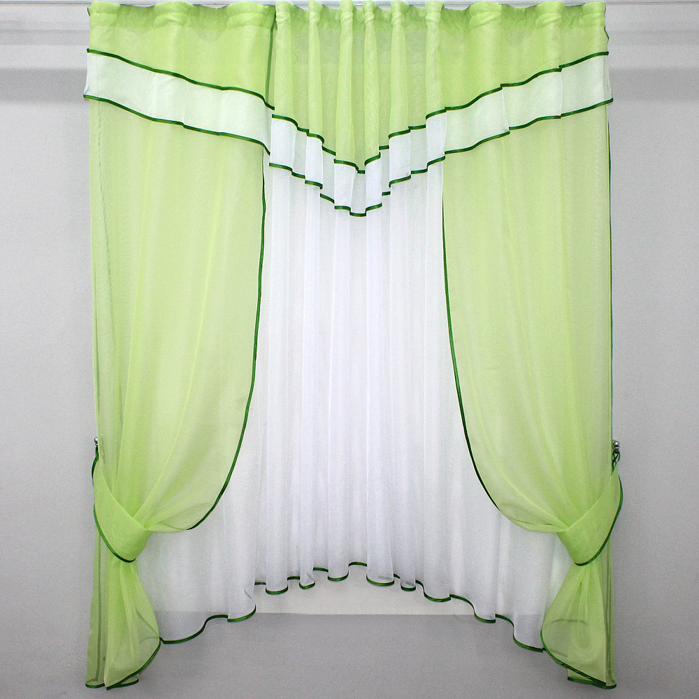 Кухонний комплект VR-Textil № 058к шторки і тюль з ламбрекеном салатовий з білим 270х170 см (50-497) Київ - фото 1