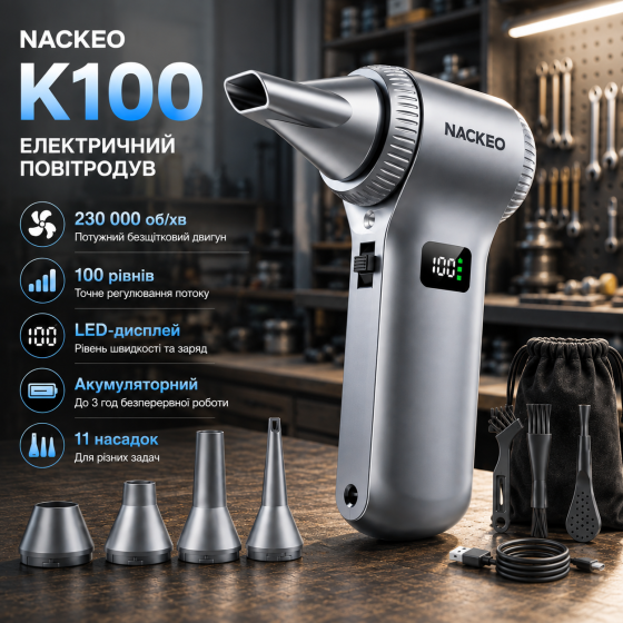 Электрический воздуходув NACKEO K100 230000 об/мин, 100 скоростей, дисплей, LED, 11 насадок, аккумуляторный Киев