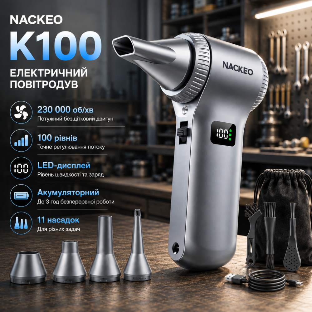 Электрический воздуходув NACKEO K100 230000 об/мин, 100 скоростей, дисплей, LED, 11 насадок, аккумуляторный Киев - изображение 1