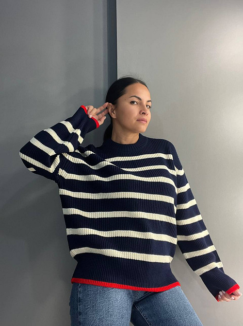 Свитер женский MIX RAY 6635 полоска оверсайз удлиненный свободный крой, темно-синий, one size Киев - изображение 3