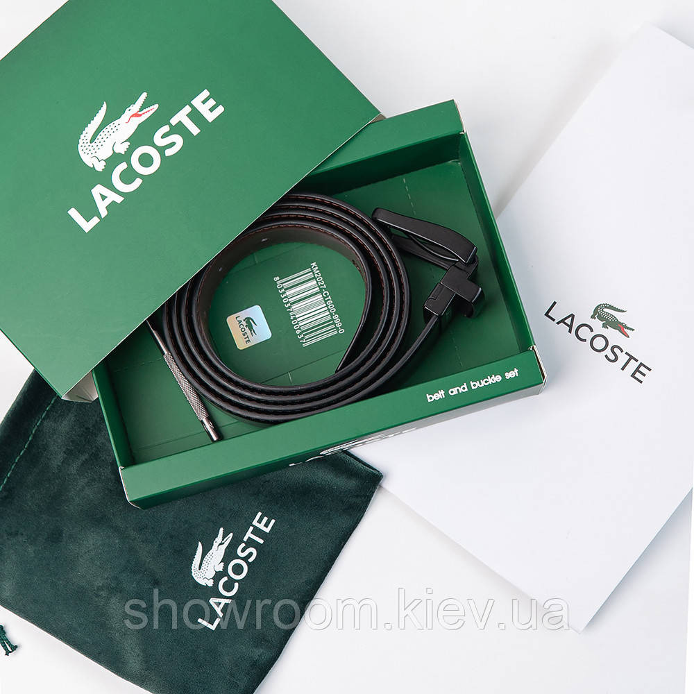 Чоловічий шкіряний двосторонній ремінь із чорною пряжкою Lacoste (984) Київ - фото 2