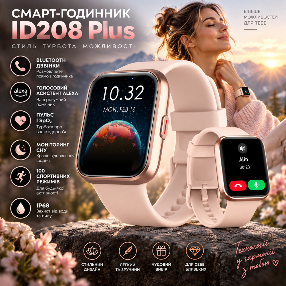 Смарт-годинник жіночий ID208 Plus 1,8″ Bluetooth-дзвінки, Alexa, IP68, пульс, SpO2, сон, 100 спортивних режимів Київ - фото 2
