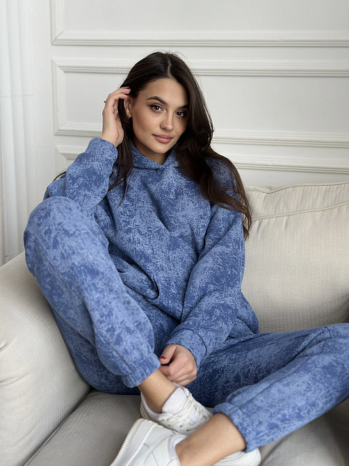 Теплый костюм женский мраморный принт на флисе Голубой L-XL Харьков - изображение 1