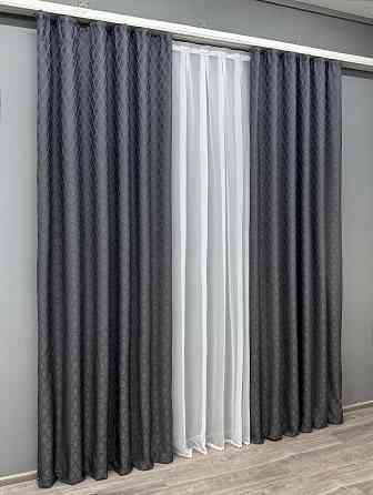 Комплект готових штор VR-Textil Жакард RUBI № 1756ш Графітовий з синім 150х300 см 2 шт (33-0714) Київ