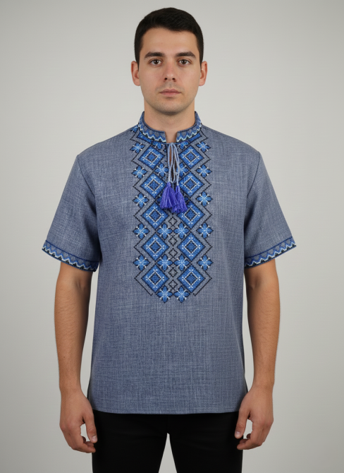 Мужская вышиванка с воротничком стойкой с вышитым коротким рукавом 58 Киев - изображение 1