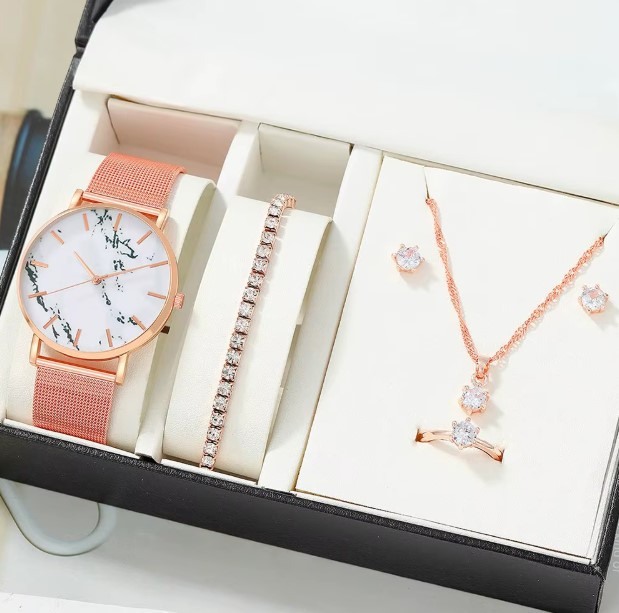 Жіночий подарунковий набір Rose Crystal годинник браслет кольє сережки каблучка рожеве золото Київ - фото 1