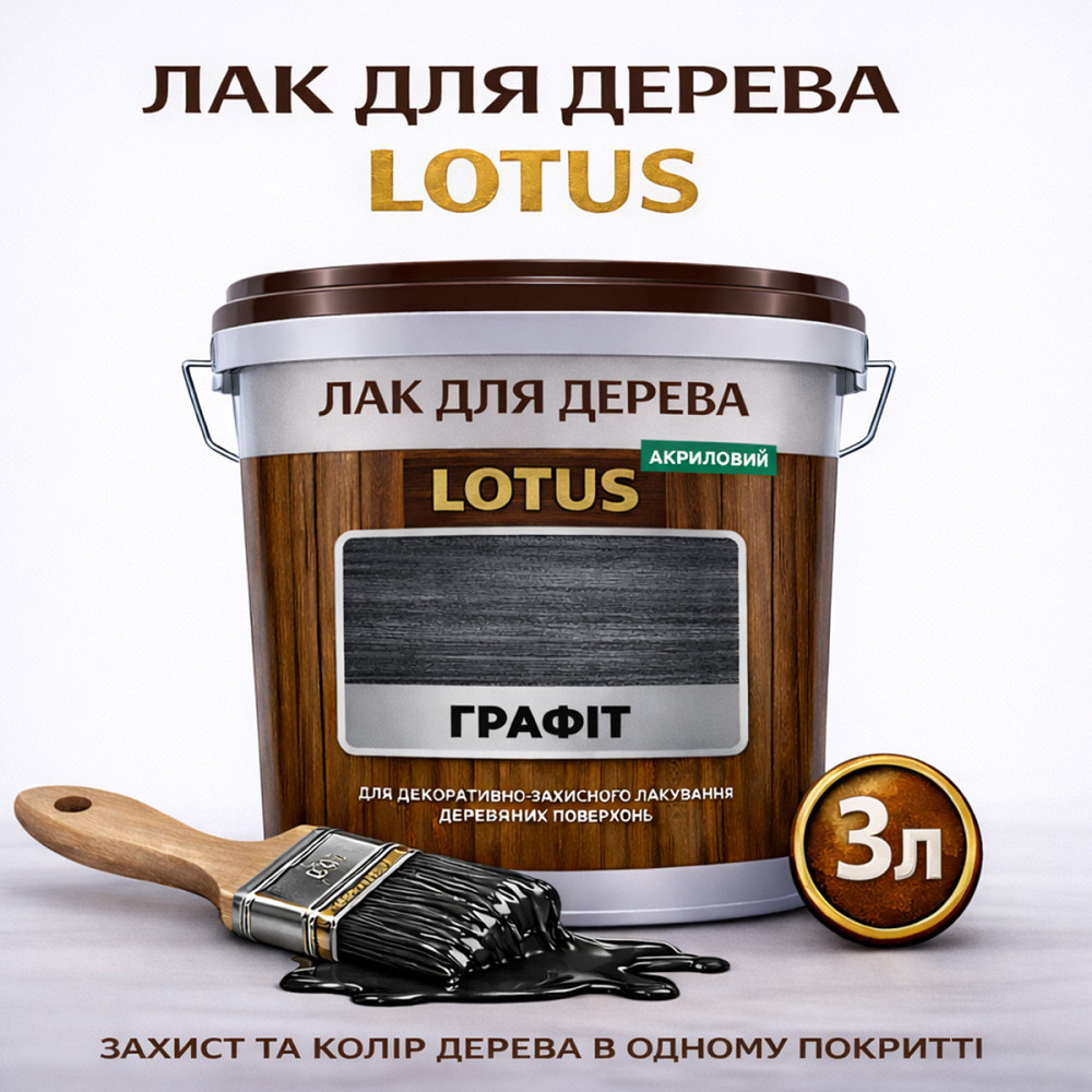 Лак для дерева кольоровий LOTUS Графіт, глянцевий, без запаху, зносостійкий, для внутрішніх та зовнішніх робіт, 3 л Харків - фото 1