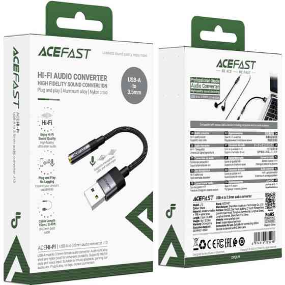 Перехідник USB-A --> 3.5 mm 15cm audio converter J13 Acefast black Вінниця