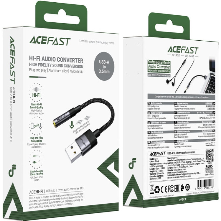 Перехідник USB-A --> 3.5 mm 15cm audio converter J13 Acefast black Вінниця - фото 4