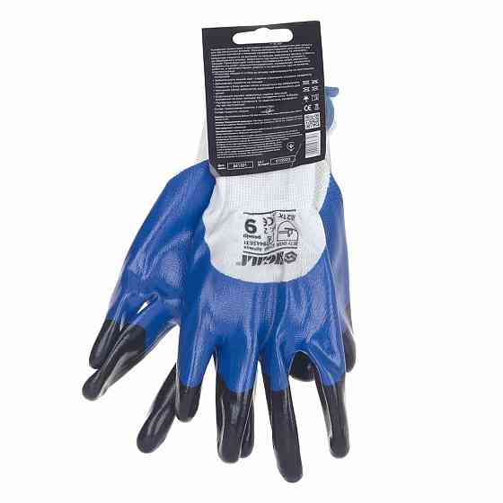 Трикотажные перчатки с частичным нитриловым покрытием усиленные пальцы р9 (сине-черные, манжет) SIGMA Ровно