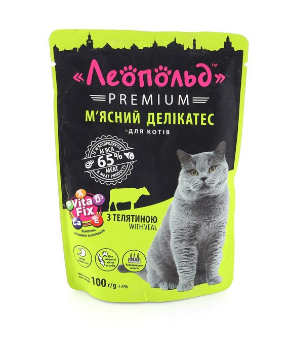 Вологий корм Леопольд Преміум м'ясний делікатес з телятиною для кішок 100 г Вінниця - фото 1