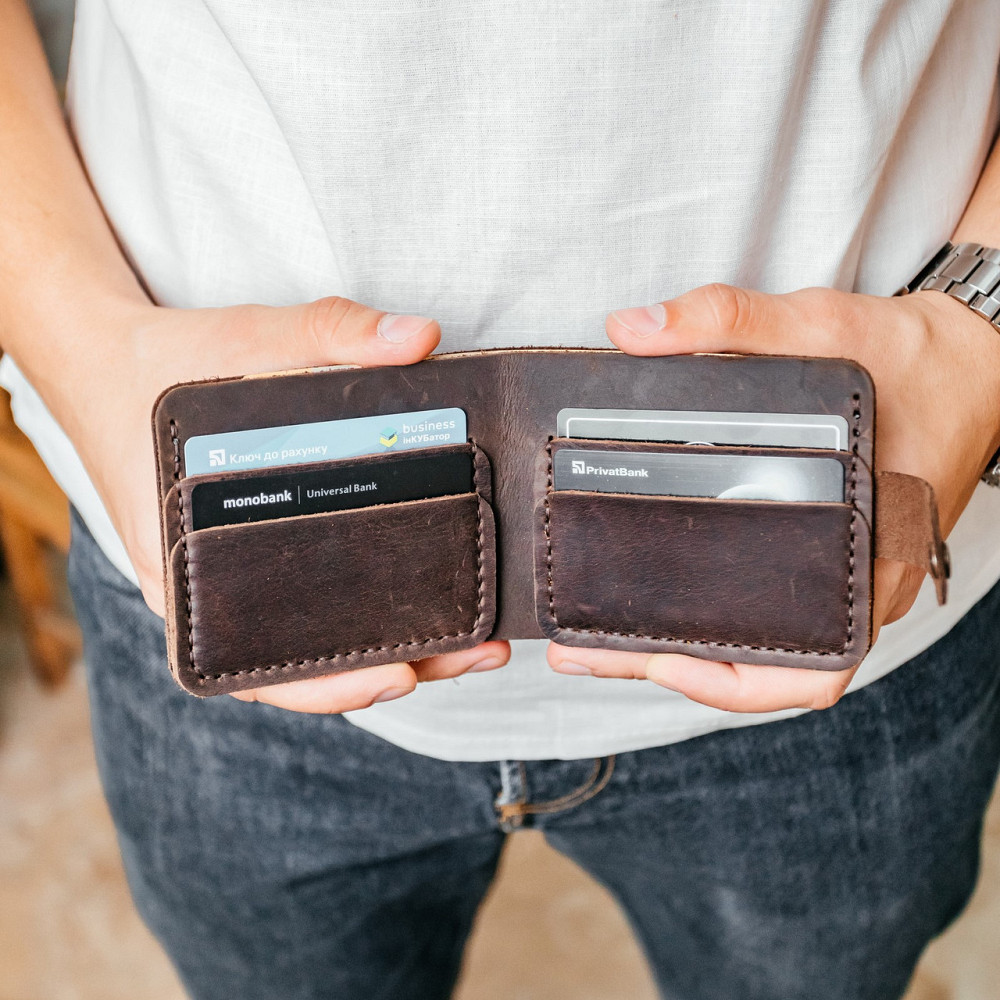 Гаманець чоловічий з натуральної шкіри Crazy Horse, місткий гаманець на кнопці, коричневийMasterSem Київ - фото 3