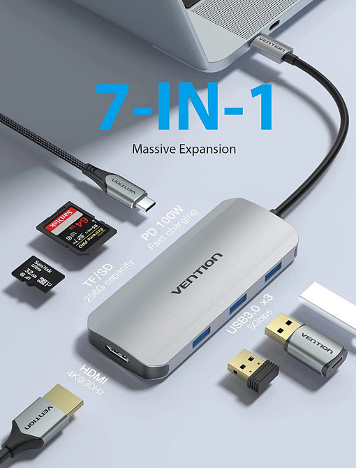 USB-хаб Vention USB-C з HDMI, USB 3.0, SD/TF, 0.15M, Сірий Київ - фото 6