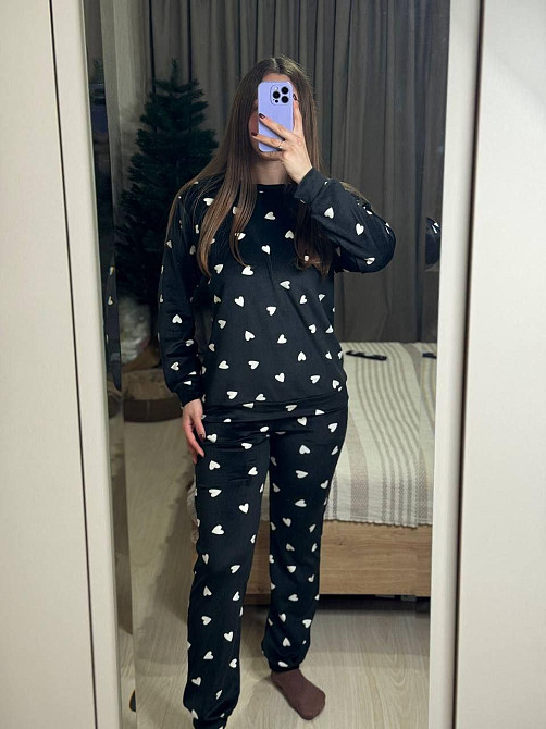 Женский уютный домашний костюм двойка с сердечками турецкий плюш-велюр Черный, 46/48 Одесса - изображение 2