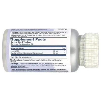 Витаминно-минеральный комплекс Solaray L-лизин и Монолаурин, L-Lysine Monolaurin 1:1 Ratio, 60 вегетариански (SOR-35281) Винница - изображение 2