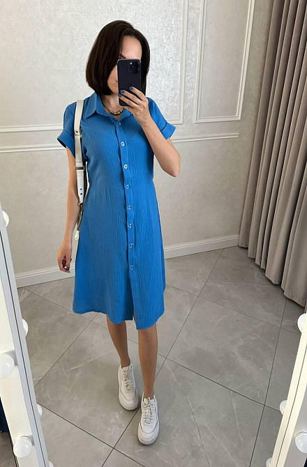 Женское легкое базовое платье халат с поясом на пуговицах турецкий натуральный хлопок - муслин 48/50, Синий Одесса - изображение 3