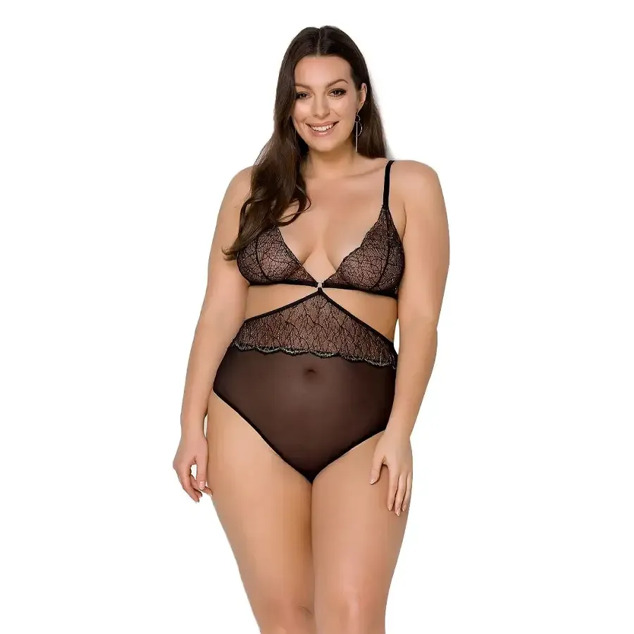 Боді Passion AMBERLY BODY 6XL/7XL black, асиметричний крій, мереживний ліф, золота нитка Львів - фото 1