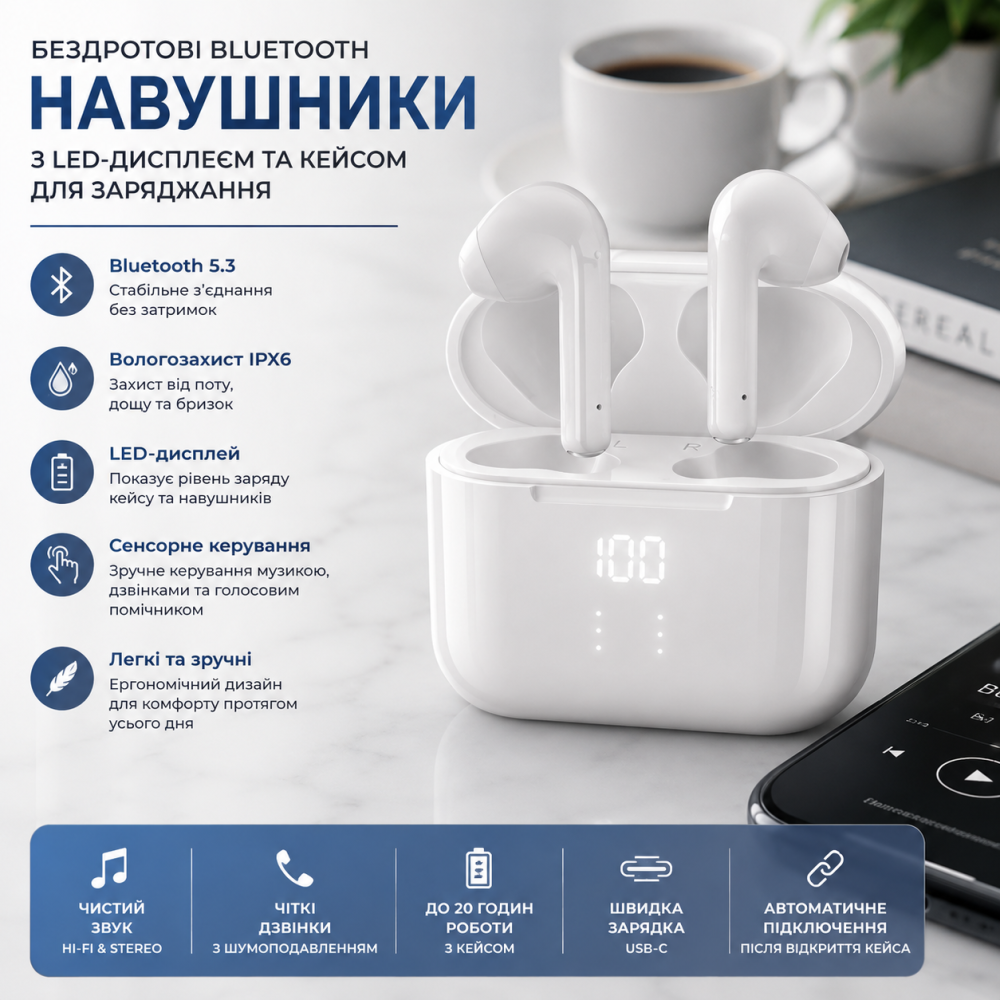 Бездротові Bluetooth-навушники з LED-дисплеєм та кейсом для заряджання (Вологозахист IPX6) Київ - фото 7