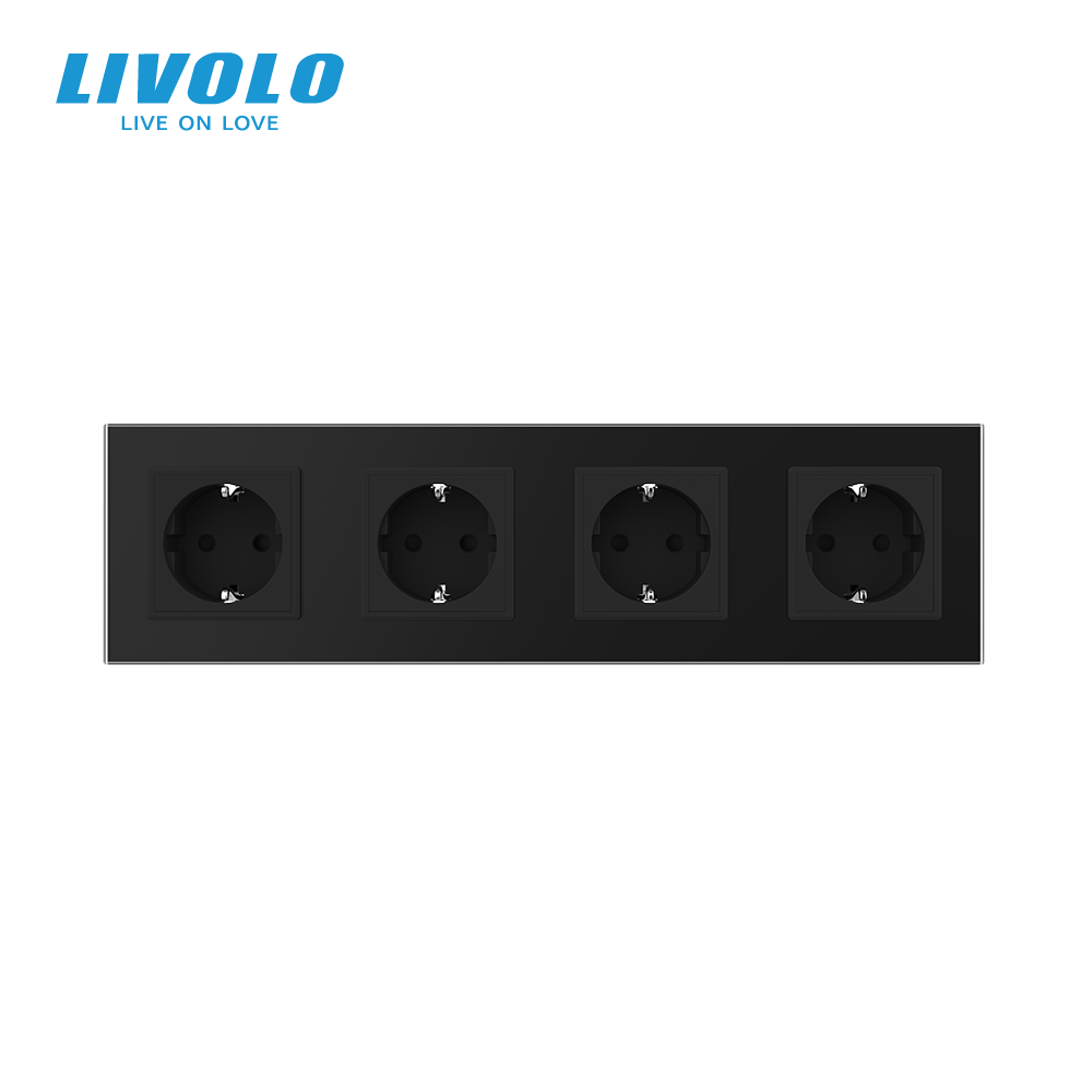 LIVOLO Чотиримісна електрична розетка з заземленням LIVOLO, чорна, скляна матова рамка, шторки, Коломия - фото 2