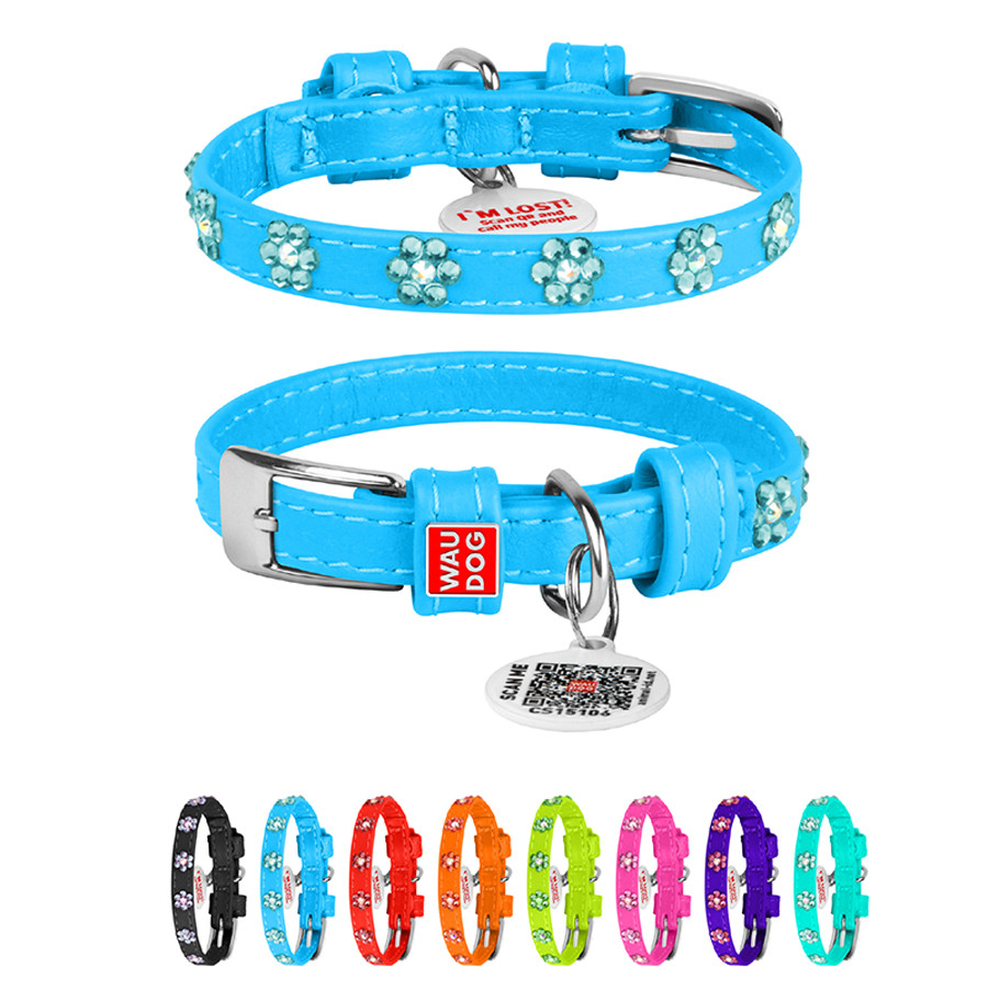 Нашийник для собак шкіряний WAUDOG Glamour з QR паспортом, з клейовими стразами "Квіти", Ш 9 мм Коломыя - изображение 1