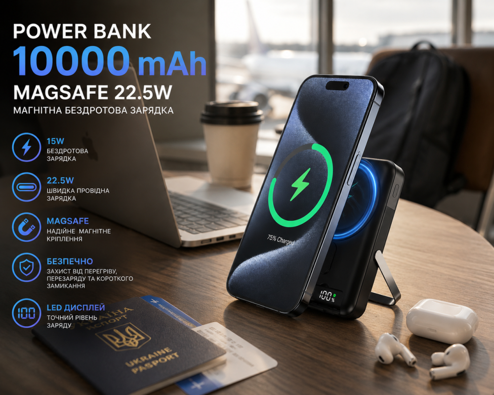 Power Bank 10000 mAh MagSafe 22.5W, портативний зарядний пристрій з бездротовою зарядкою 15W, USB-C PD, LED-дисплей, магнітний Київ - фото 9