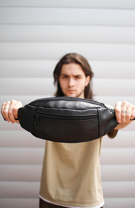Кожаная мужская бананка, поясная сумка SL003 (Черная) Сумы - изображение 7