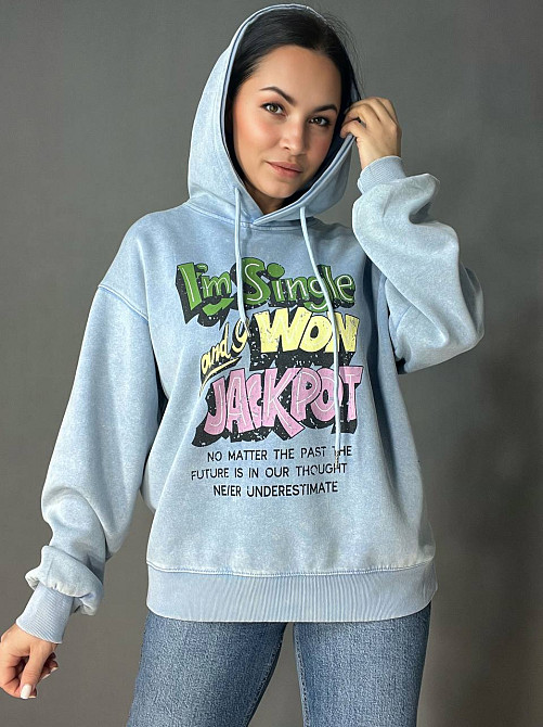 Худи женский A-N 25040 удлиненный оверсайз с капюшоном вареный дай цветная надпись впереди one size, голубой, one size Киев - изображение 10