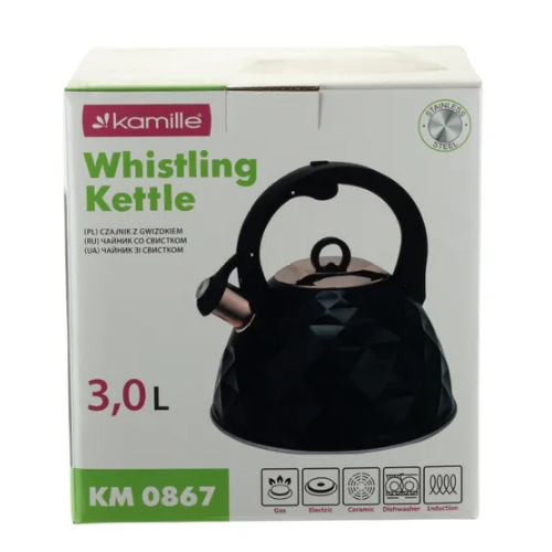 Чайник 3л нержавіюча сталь зі свистком з ручкою "soft-touch" (ручка:чорний) 867 KAMILLE Житомир