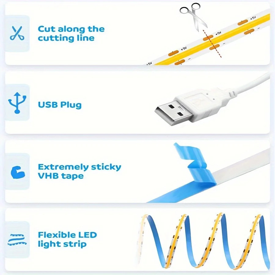 Гнучка USB COB LED стрічка ZYFYYDS 5V з тач-керуванням, 320 LED/м, холодне світло 6000K, самоклейка, розрізна, 5 м Миколаїв - фото 9