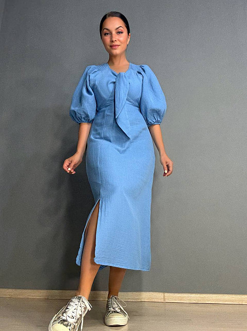 Сукня жіноча Mix Ray 4196 довга з розрізом вузол на грудях з муслину блакитна, блакитний, S Київ - фото 11