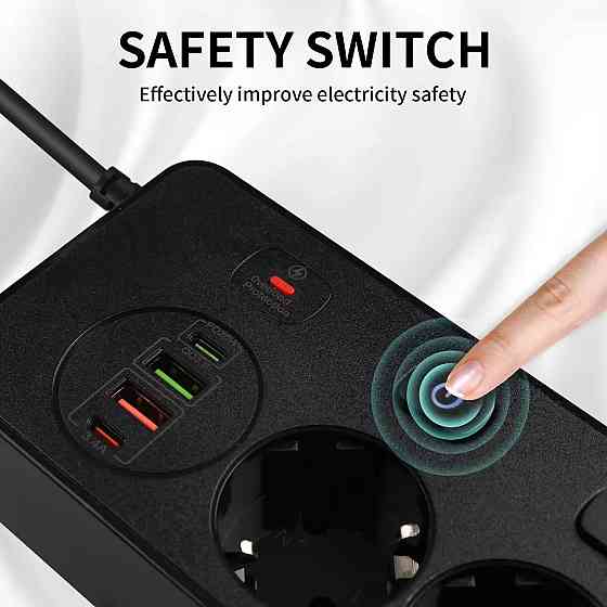 Мережевий фільтр BKL-505 1 QC3.0 + 1 PD20W + 1 Type-C + 1 USB, 100-250V, 13А, 5 розеток, чорний Кам'янець-Подільський