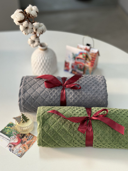 Махровое банное полотенце с подарочной ленточкой 70х140 550 г/м2, Клетка Черновцы - изображение 9