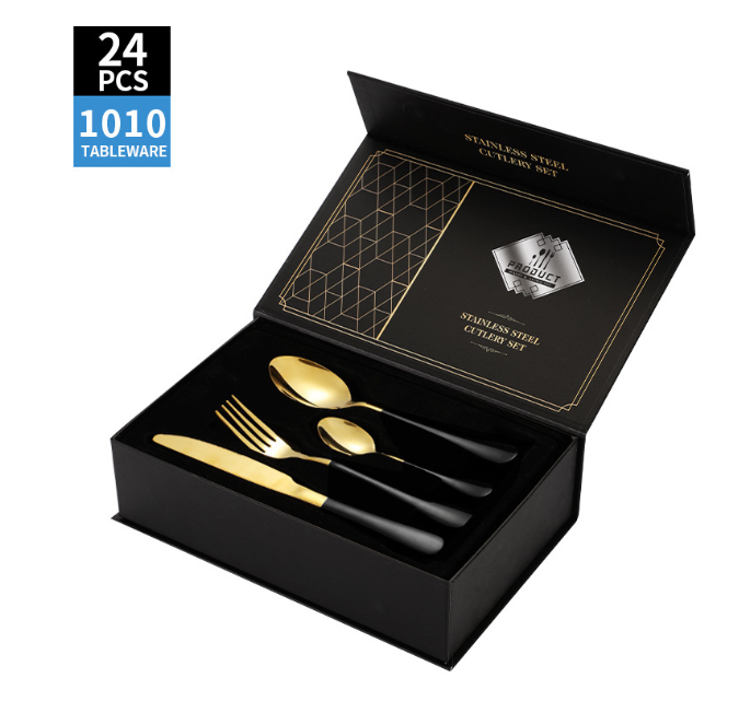 Набор столовых приборов 24 шт х 6 персон Подарочный Нержавеющая сталь Золотые с черной ручкой Коробка Кременчуг - изображение 1