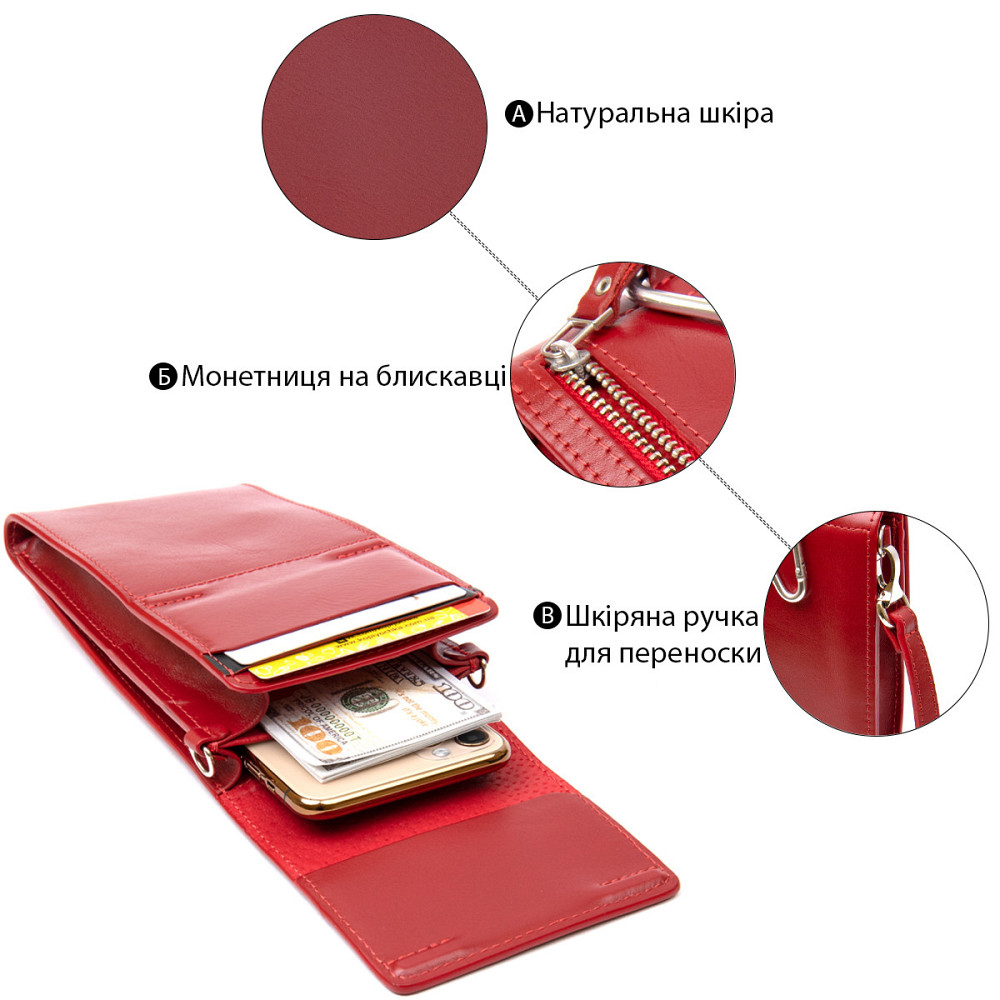 Женская кожаная сумка-кошелек GRANDE PELLE 11441 Красный Киев - изображение 7