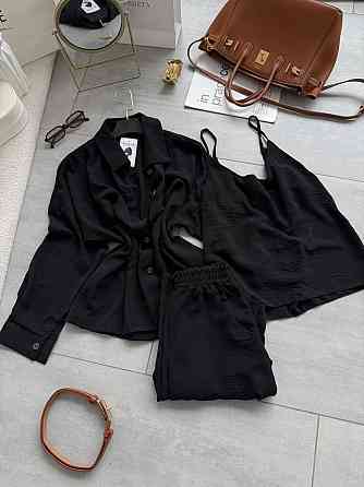 Жіночий легкий прогулянковий костюм-трійка: сорочка майка та штани креп жатка Чорний, 42/46 Одеса