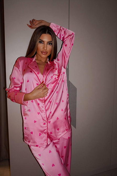 Жіноча піжама двійка з сердечками з шовку армані. Малиновий, 44/46 Одеса - фото 1