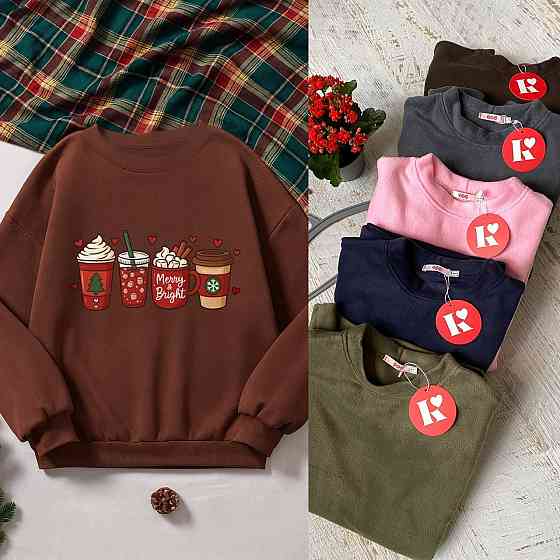 Жіноча затишна оверсайз кофта з новорічним принтом із двостороннього флісу Шоколад 2, 48/50 Одеса