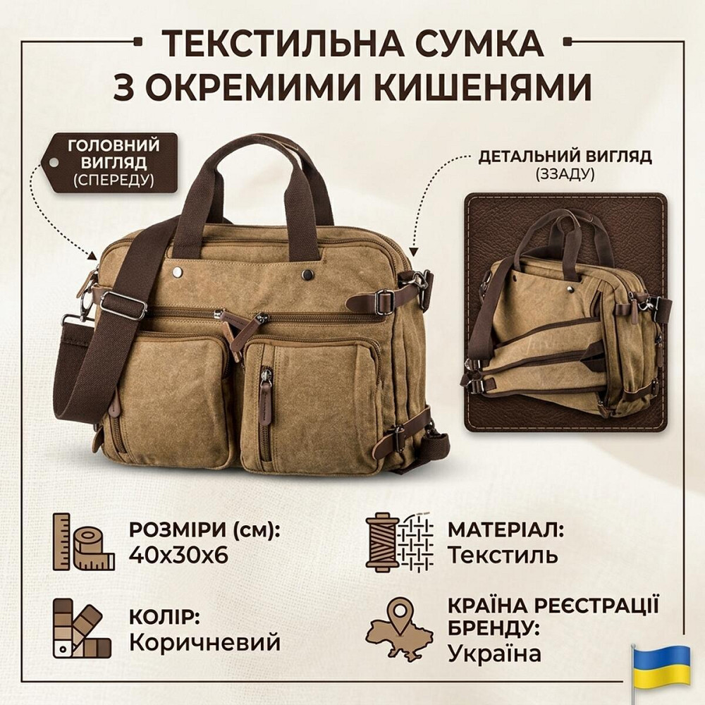 Текстильна сумка трансформер для ноутбука роботи поїздок та міста Vintage 20146 Пісочна Київ - фото 17