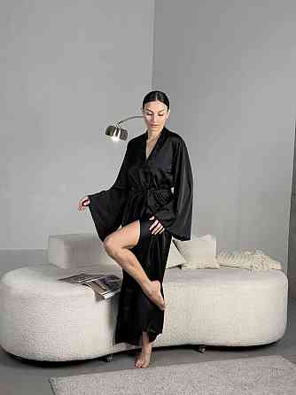 Женский домашний халат макси на запах из шелка армани Черный, 48/50 Одесса