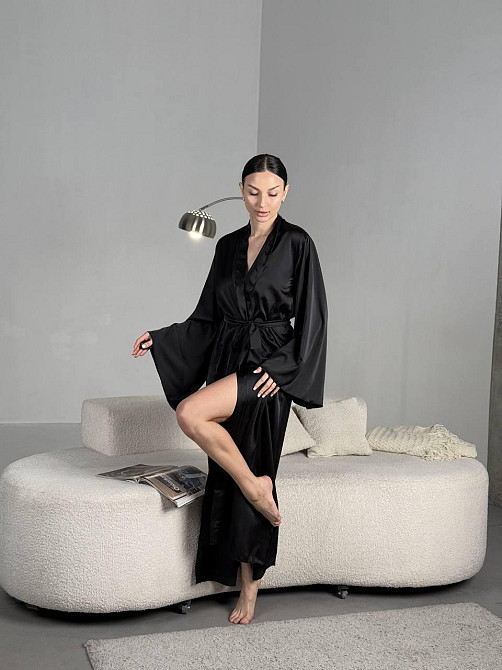Женский домашний халат макси на запах из шелка армани Черный, 48/50 Одесса - изображение 1