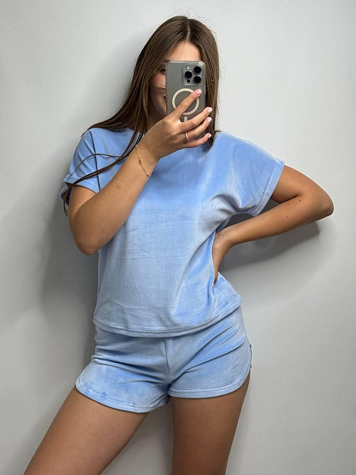 Піжама жіноча футболка+ шорти з плюшевого велюру Блакитний XL Харків - фото 7